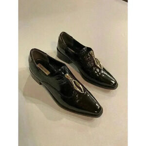 Reike Nen Women’s Oval Loafers Black Patent Leather 37 7 Gold Zipper Dress Shoe